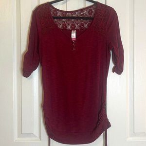 Maroon Scoop Neck Blouse with Lace Pattern Back & Cinched Sides